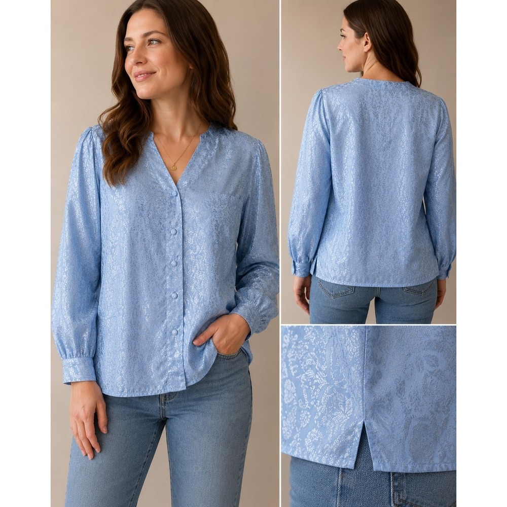 T-Rose Blue Floral Jacquard Blouse Womens M Button Front Pocket Long Sleeve